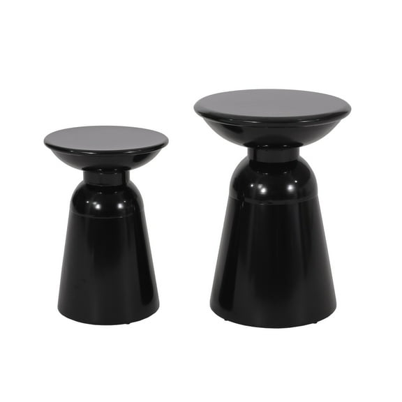 Benjara Side End Table Set of 2, Round Taper Top, Pedestal Base, Black Metal