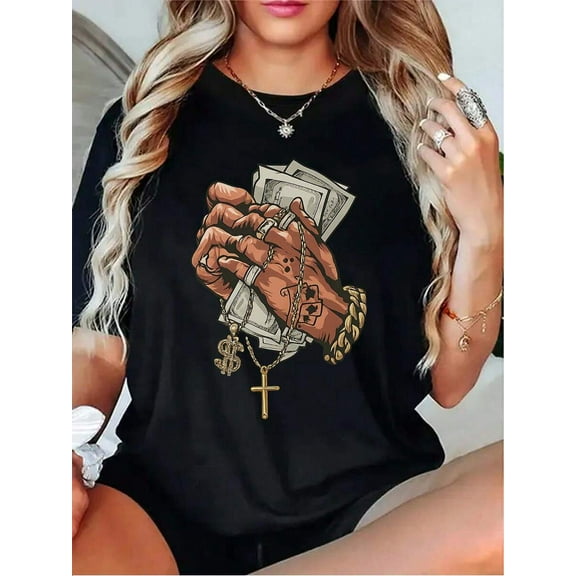 Hand Holding Money And Chain With Cross Pendant On  T-Shirt Design Womens Tshirt  Grey White  Dark Red