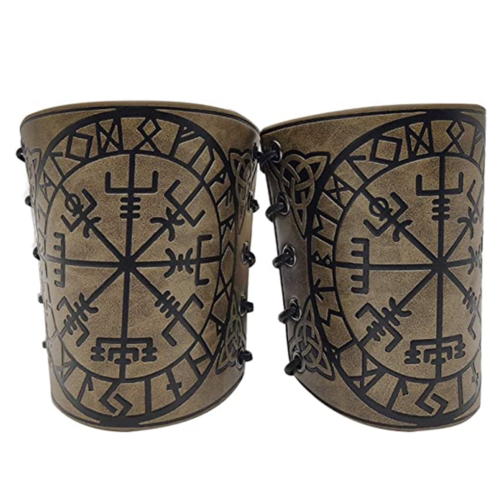 CANKER 1 Pair Nordic Viking Vegvisir Embossed Arm Bracers Medieval PU  Leather Arm Guards Viking Leather Bracers Cosplay Jewelry 