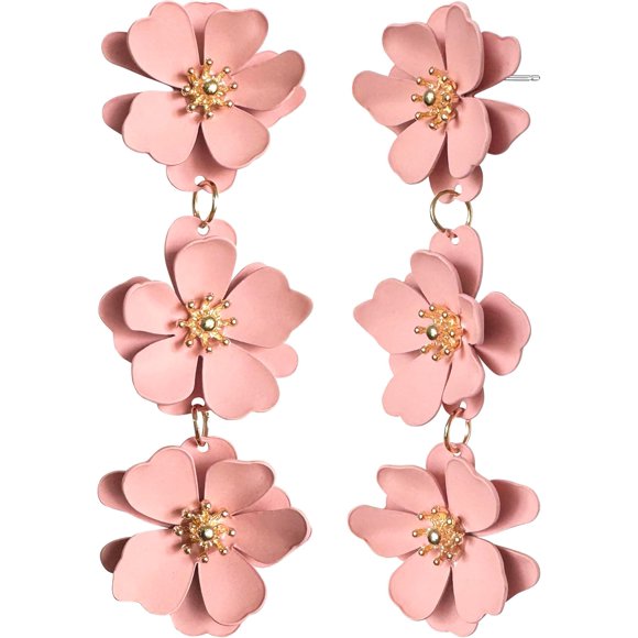 Elegant Bohemian Matte Tiered Triple Flower Dangle Drop Earrings Chic Charm Cute Long Floral Stud Earrings For Women Statement Jewelry Gifts[L1639]