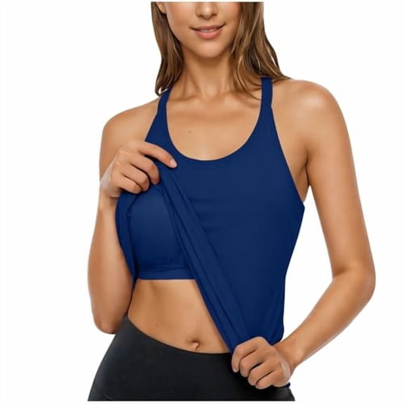 VV AVEORS Built In Bra Tank Tops For Women 2026 Dressy Casual Workout Racerback Sleeveless Camisole Top Slim Fit Padded Shirts Dark Blue L