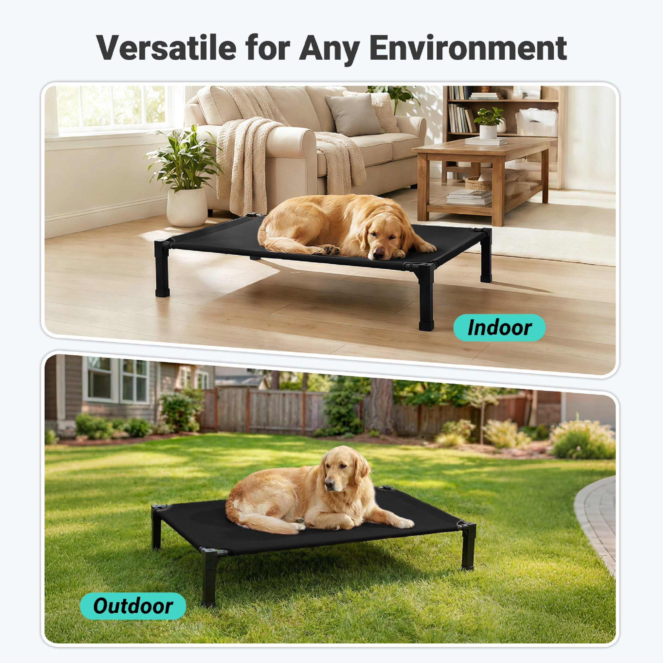 Elevated Dog Bed, Cooling Raised Bed, Portable&No-Slip for Outdoor or Indoor Use, Black, Large, 51"L x 36"W x 9.3"H