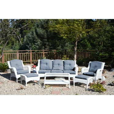 Jeco White Wicker 6-Piece Seating Set with Cushions Blue