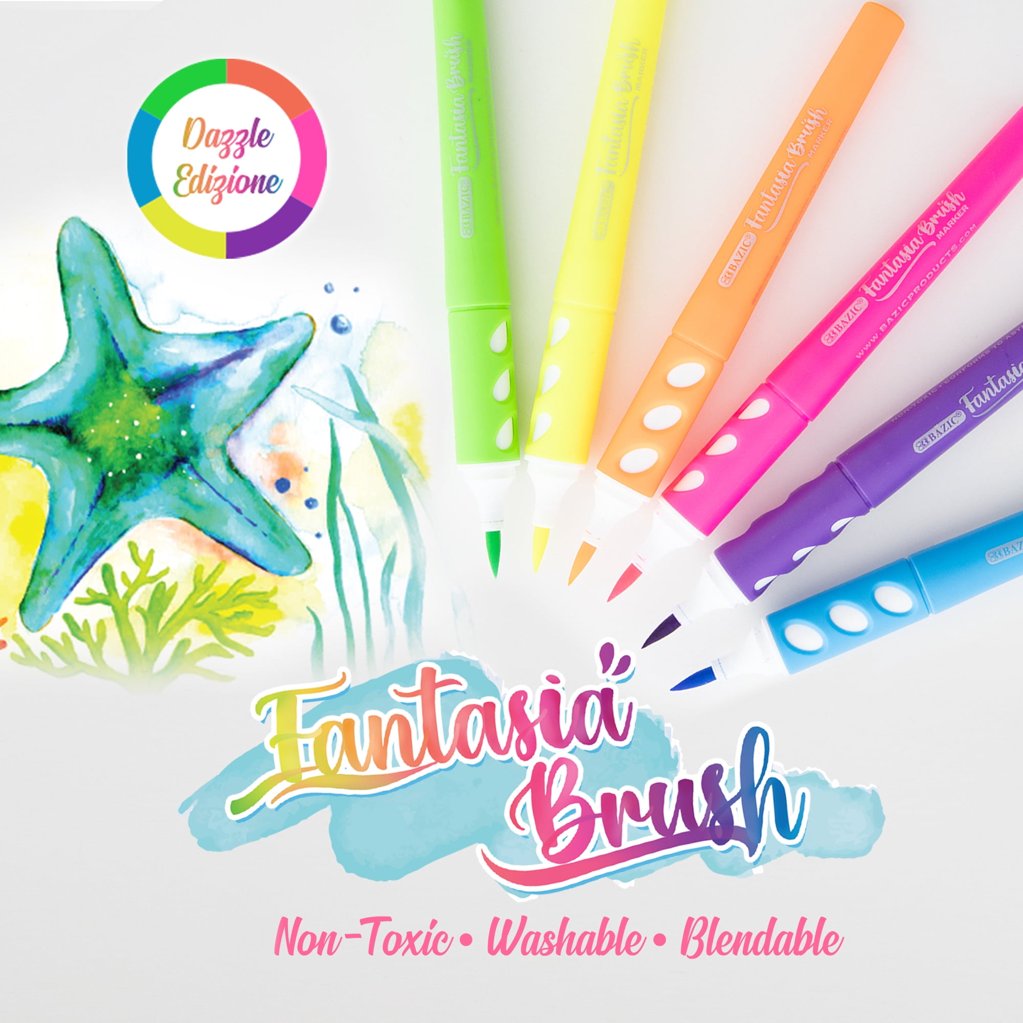 BAZIC Brush Markers 6 Neon Colors, Fine Line Washable Coloring Marker (6/Pack), 24-Packs