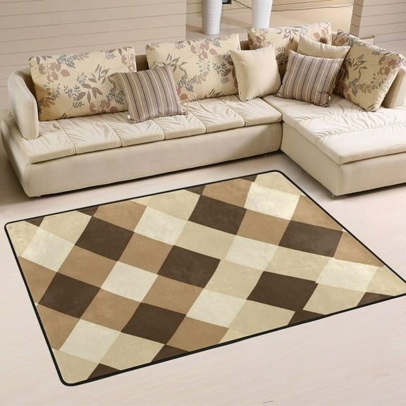 Non-Slip Area Rug 36"x24" Indoor Washable Floor Mats Carpet Printed for Living Room, Bedroom, Home Decor Brown and Beige Check