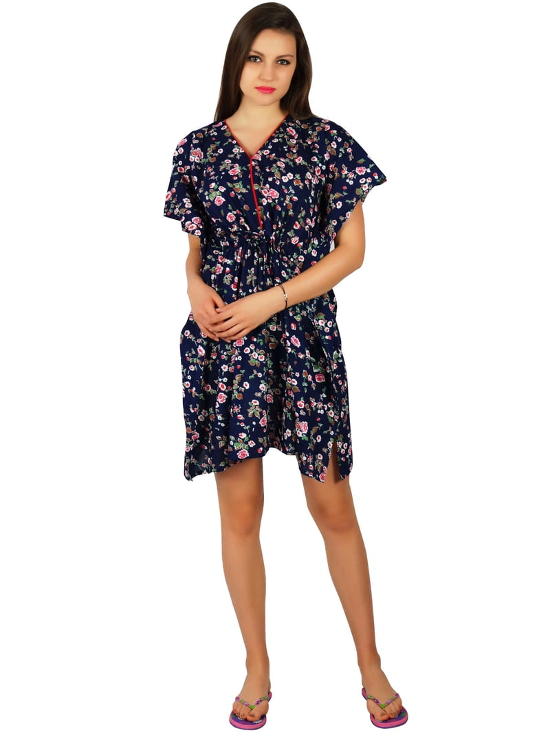 Bimba Womens Short Cotton Kaftan Blue Floral Printed Caftan Sleepwear Beach wear