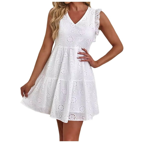 vigerkar Women's Summer Sleeveless Mini Dress V Neck Hollow Out High Waist A Line Swing Short Party Dresses White, S