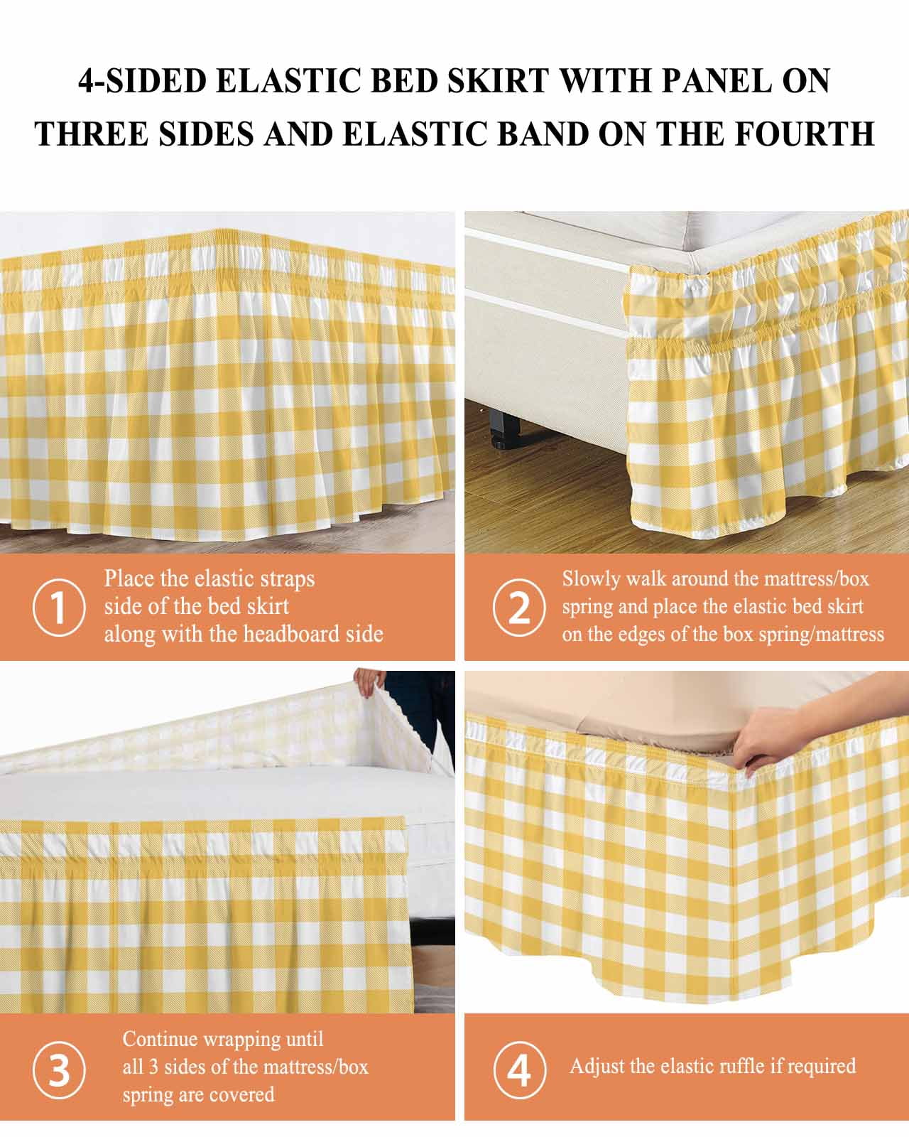 Pastoral Style Bed Skirt King Size 16" Drop Yellow Lattice Ruffled Wrap Around Bed Skirts Adjustable Elastic Bedskirt Dust Ruffle for King Size Bed