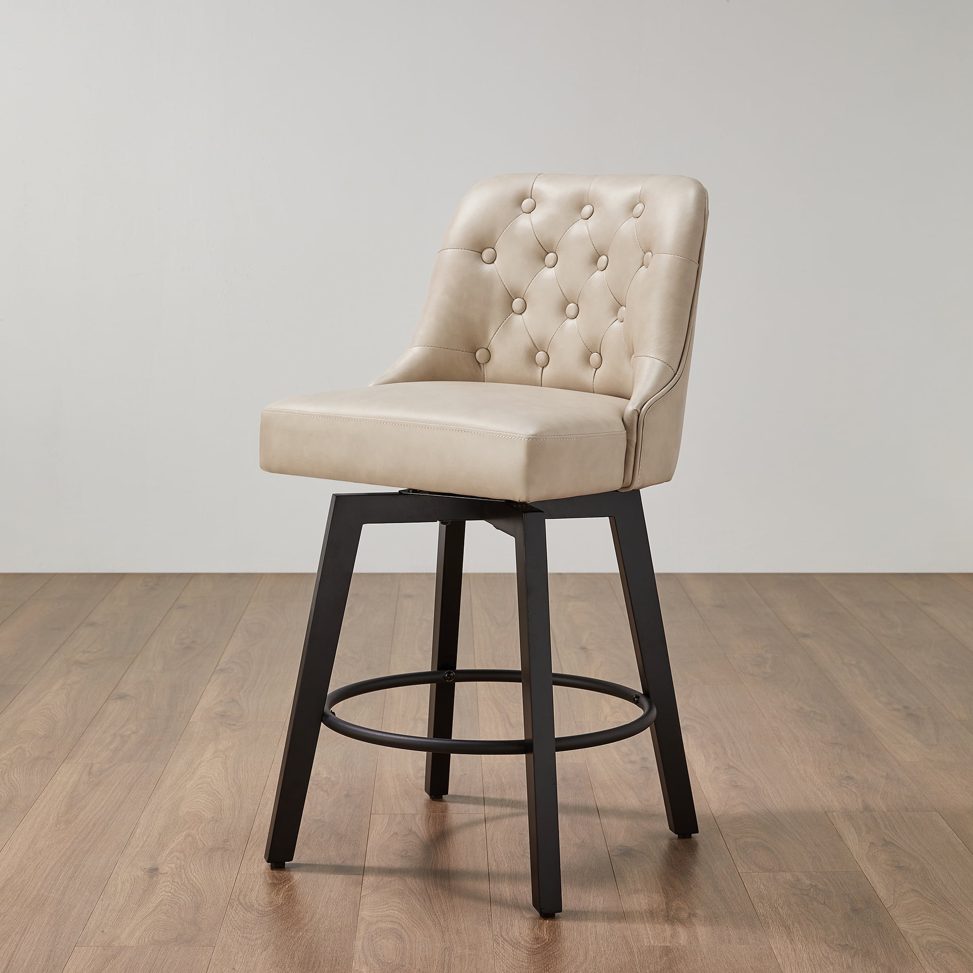 Spruce & Spring 26-Inch Counter Height Swivel Bar Stool with Tufted Back Set of 2, Beige, Faux Leather