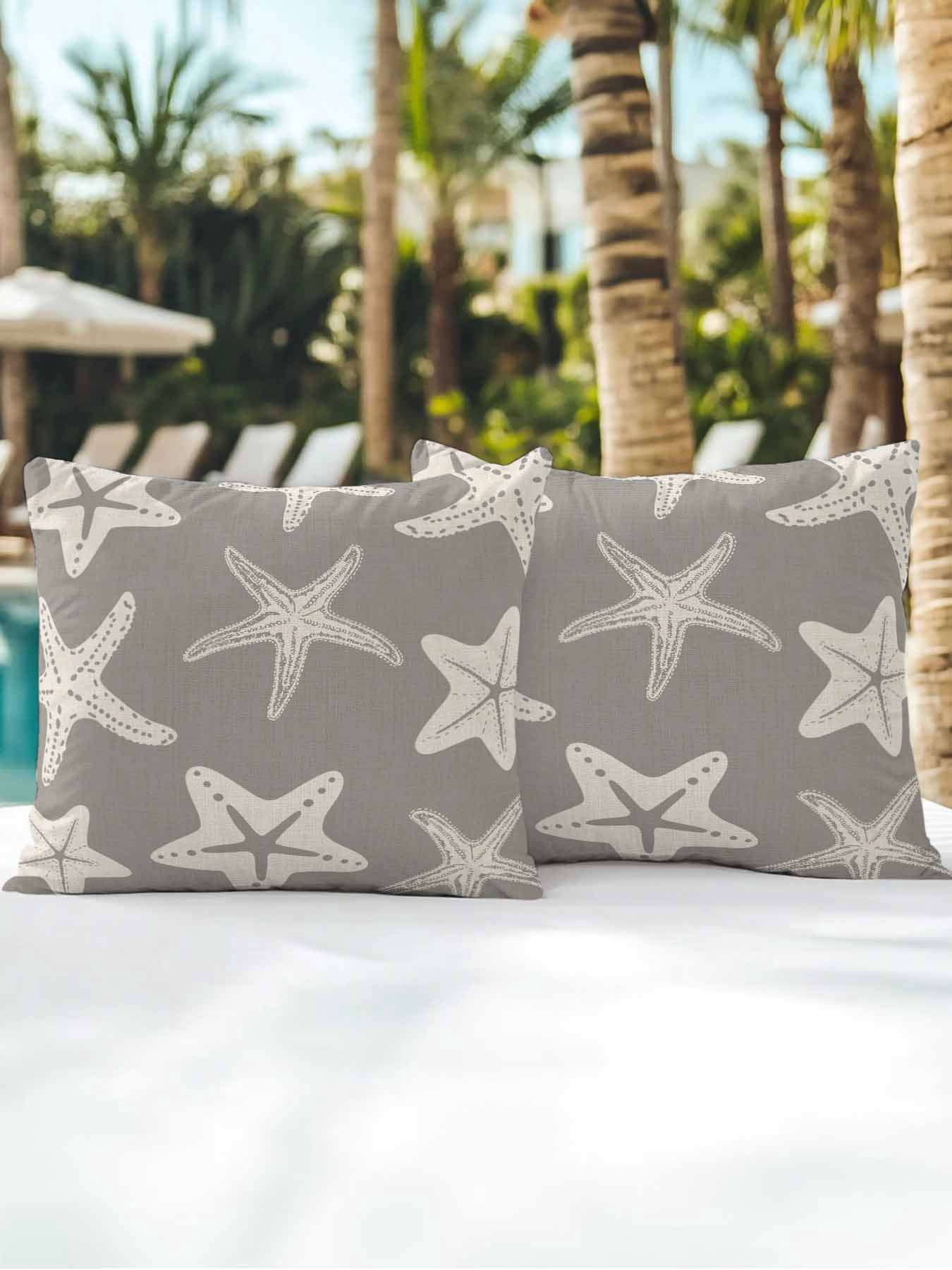 Outdoor Pillows Waterproof, Grey Starfish Coastal Bedding Throw Pillows with Insert for Couch Sofa Bed, Nautical Summer Ocean Abstract Art 18x18 Inch Pillowcases Decorative Patio Pillow Set of 2