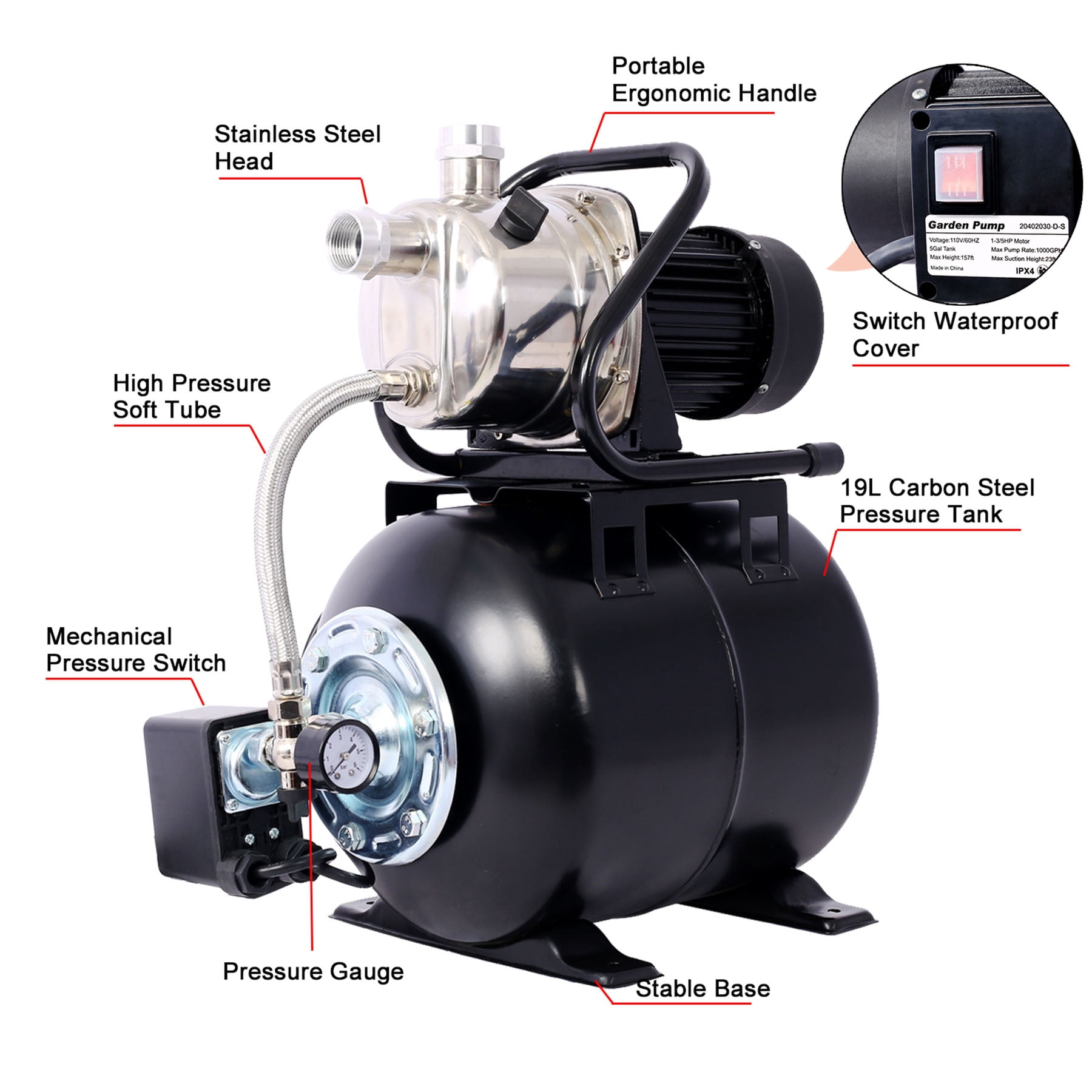 Stainless Steel 1.6HP Shallow Well Pump - Automatic Water Booster Jet Pump for Home, Garden, Lawn - Corrosion-Resistant Housing - Reliable and Efficient