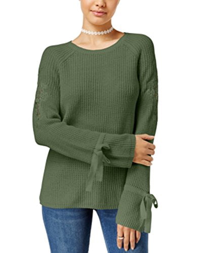 Freshman Juniors Ribbed Lace-Inset Sweater Sage Garden, L