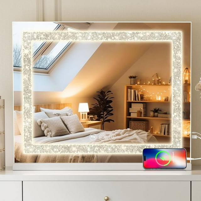 Fenair Vanity Mirror with Lights 22‘ * 18.5‘ Diamond Light Strip Makeup Mirror with Tempered Glass, 3 Color Modes Light up Mirror with USB Charging Port, 10X Magnification and Smart Touch, White