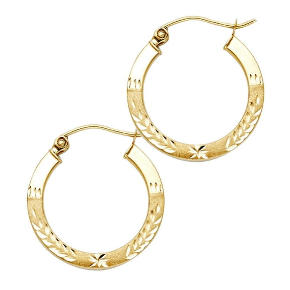 14k Yellow Gold Budded Sparkle Cut Square Tube Hoop Earrings 20mm Hoop Earring for Women - 1.1 Grams