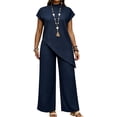 thumbnail image 2 of Lounge Set Summer Casual Oversized Shirts Women Spring And Summer Solid Color Irregular Tops Wide-Leg Pants Suit Navy S, 2 of 6