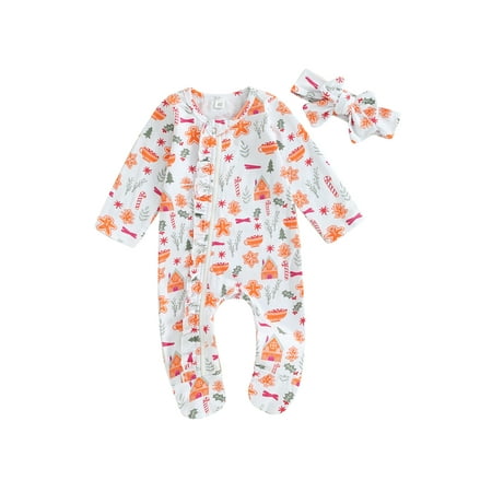

Qtinghua Newborn Baby Girl Boy Christmas Footies Romper Santa Print Zipper Long Sleeve Jumpsuit Bodysuit with Headband Clothes Orange 3-6 Months