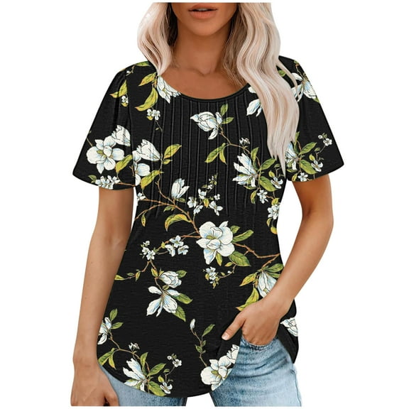 CaiJunJia T Shirts for Women, Womens Summer Tops Casual Short Sleeve Shirts Dressy Blouses Trendy Pleated Tunic Basic Tee