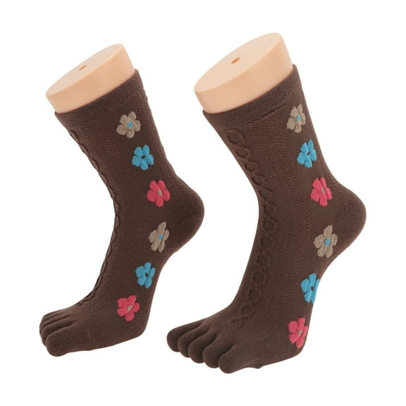 Unique Bargains 1 Pair Five Toe Socks Comfortable Mid-length Cute Flower Socks for Women Deep Brown