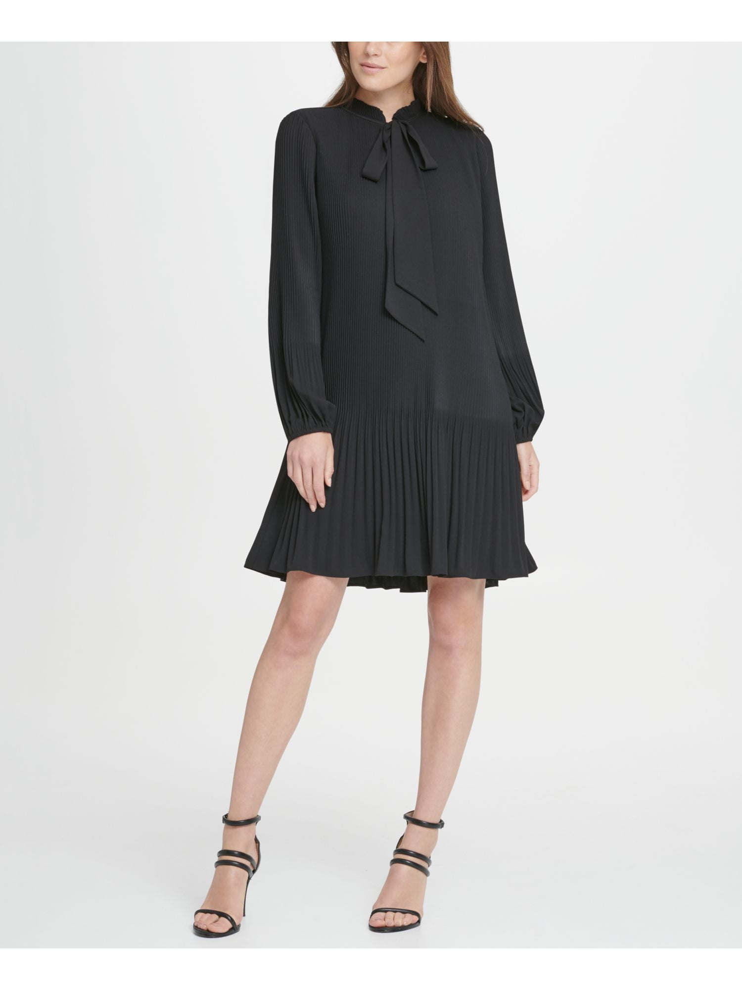 DKNY Womens Black Pleated Long Sleeve Tie Neck Short Shift Dress 2 ...