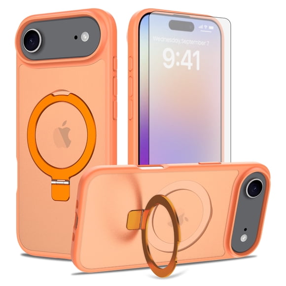 Asuwish Étui de Téléphone pour iPhone 17 Air 6,5 Pouces Protecteur d'Écran en Verre Trempé Support Pliant Magnétique Givré Translucide Robuste Antichoc Étui de Protection pour Cellulaire i Phone17 i17 17Air Femmes Hommes Orange