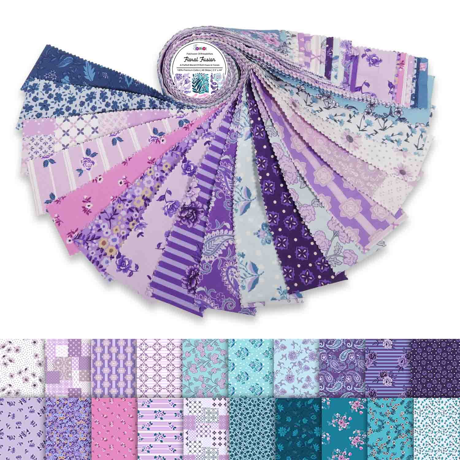 Jelly Roll 40 Strip Assorted Bundle, Fabric Strips for Quilting, Crafting, and Sewing, 100% Cotton 2.5" Fabric Jelly Roll Bundle For Scrapbooking, Precut Quilt Projects, DIY Crafts - Floral Fusion