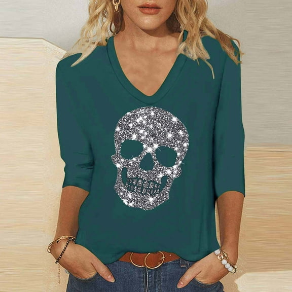 Ailaofu Women's Rhinestone Skull Vest Long 3/4 Sleeve Summer V-Neck Sleeveless Shirt