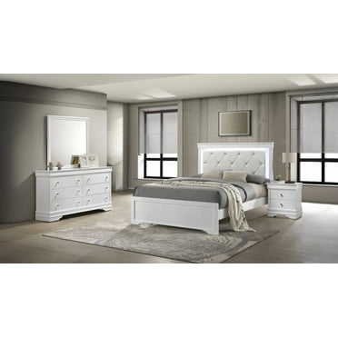 Blaze Modern Style Full 4PC bedroom set made with Wood & LED Headboard in White