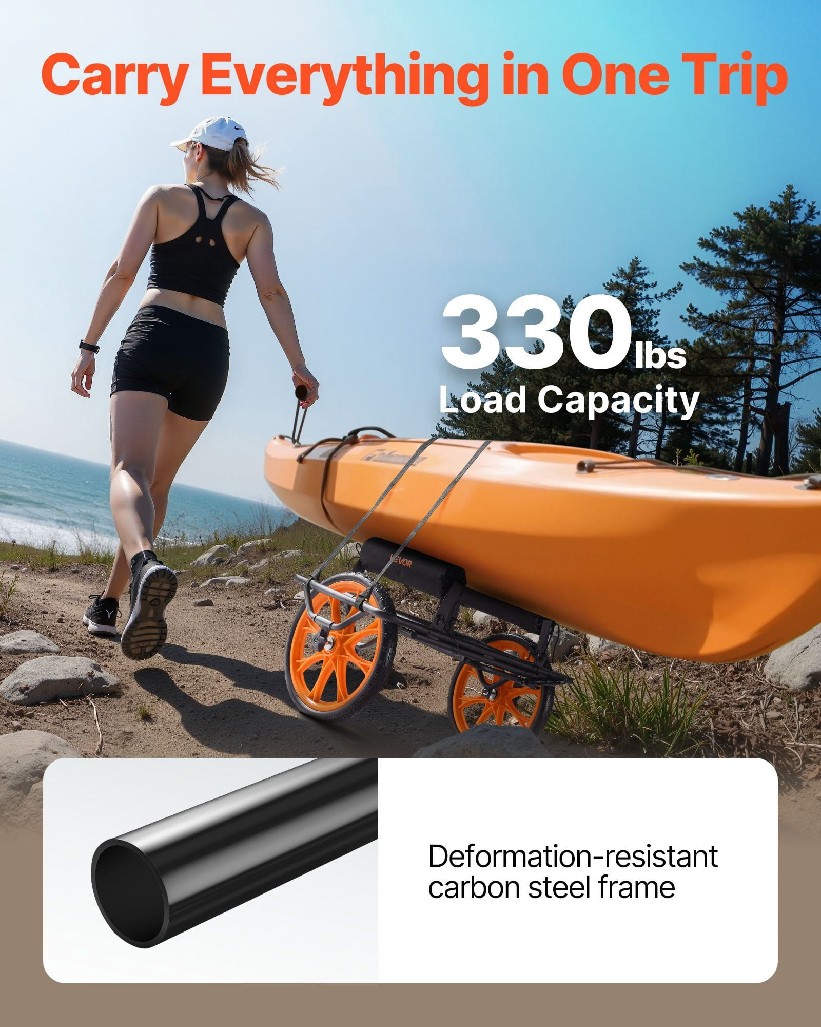 Kayak Cart with 15 Inch Solid Rubber Tires and Kickstand 330 lbs Load Capacity Quick Assembly for Kayaks Canoes Paddleboards