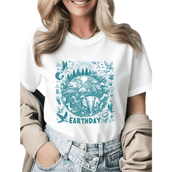Earth Day Teal Wildlife Animals Graphic Tees Womans Tshirt Shirts Black White S-5XL Tops