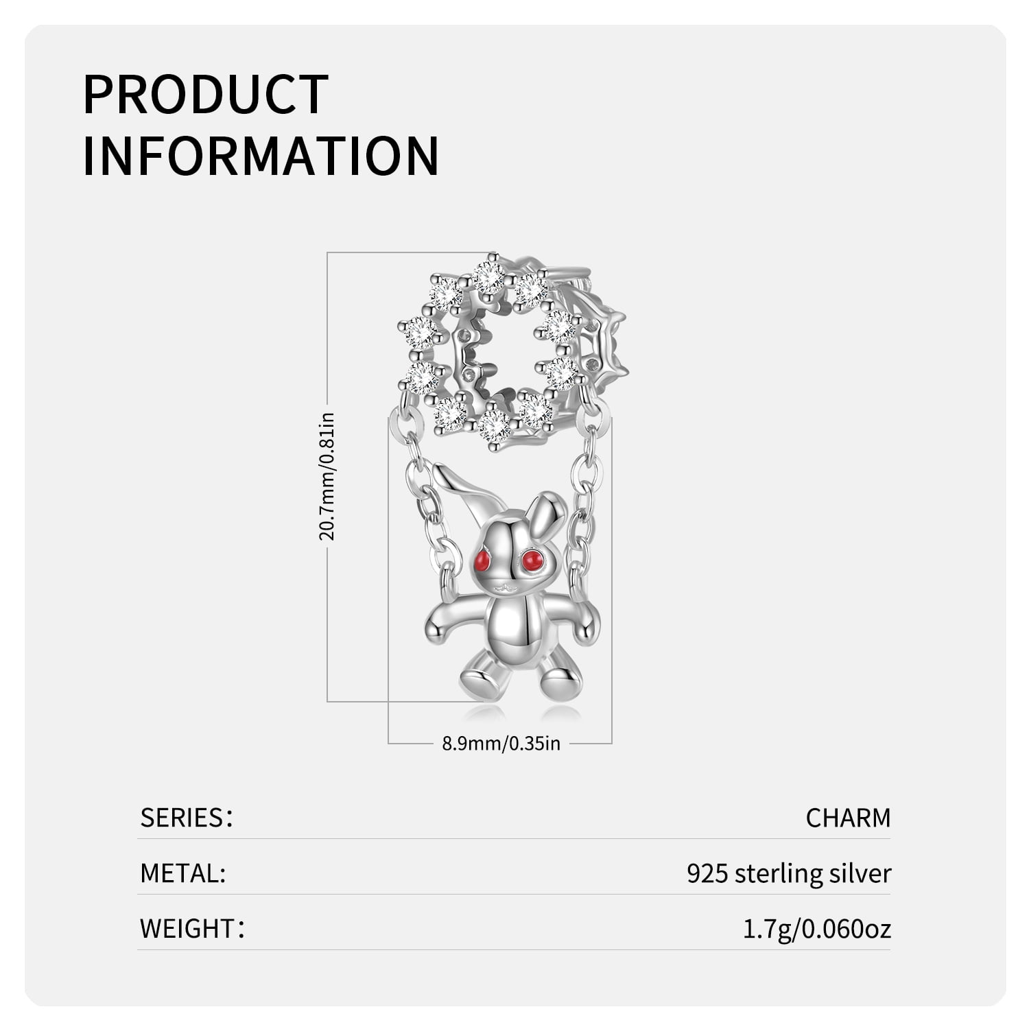 Bunny Rabbit Charm European Bead CZ Sterling Silver Ginger Lyne Collection