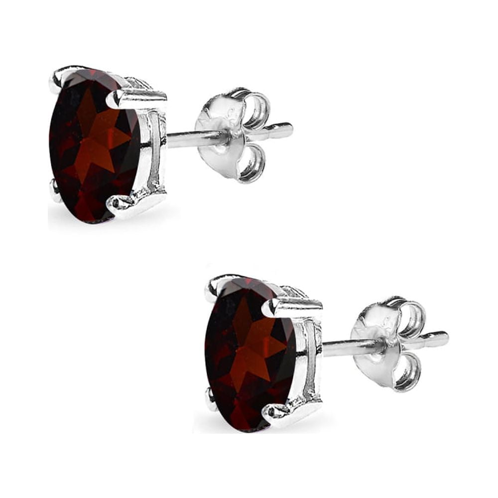 Garnet 6x4mm Oval-Cut Solitaire Sterling Silver Stud Earrings