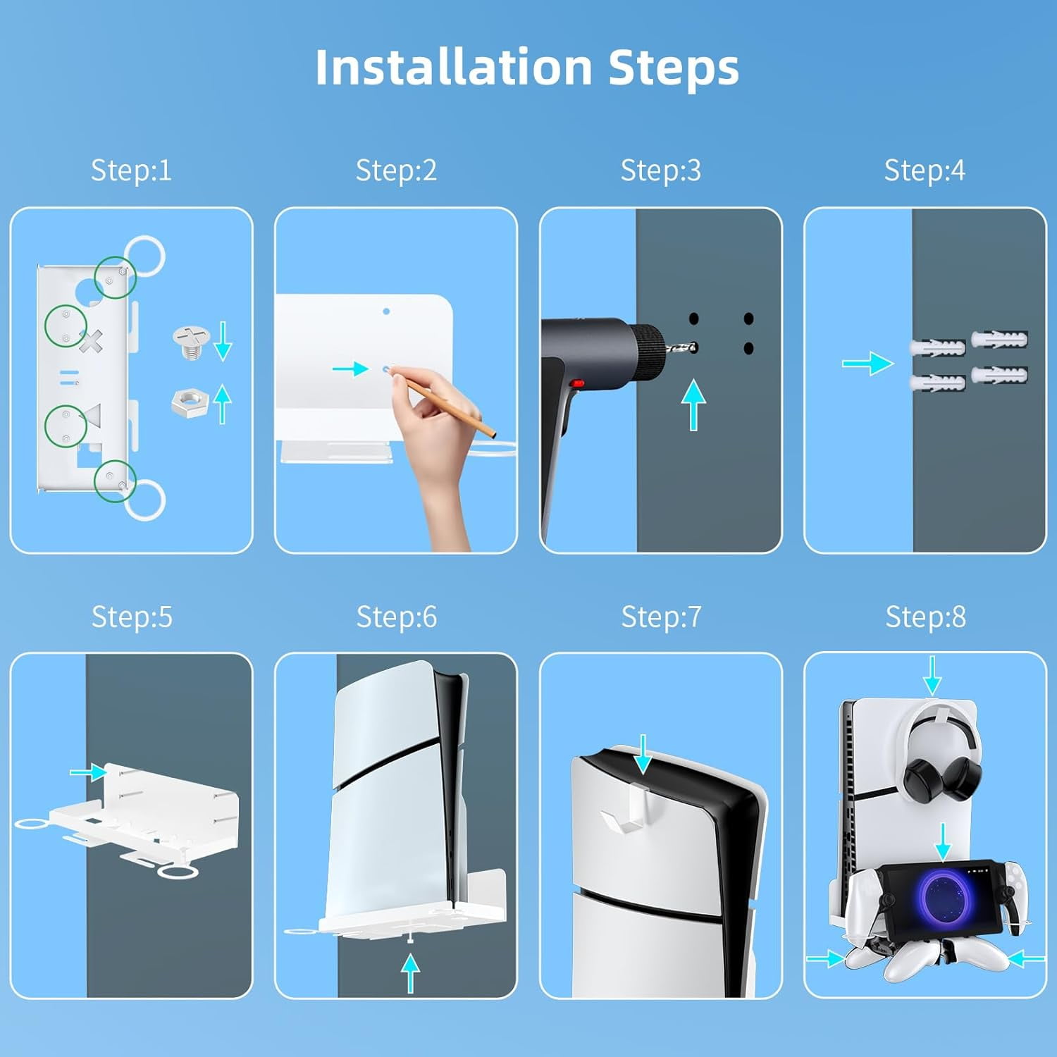 Wall Mount Kit Compatible with PS 5/ PS 5 Slim All Models with Holders for Controller&Headset Storage, Wall Mount Stand for PS Portal Remote Player,White
