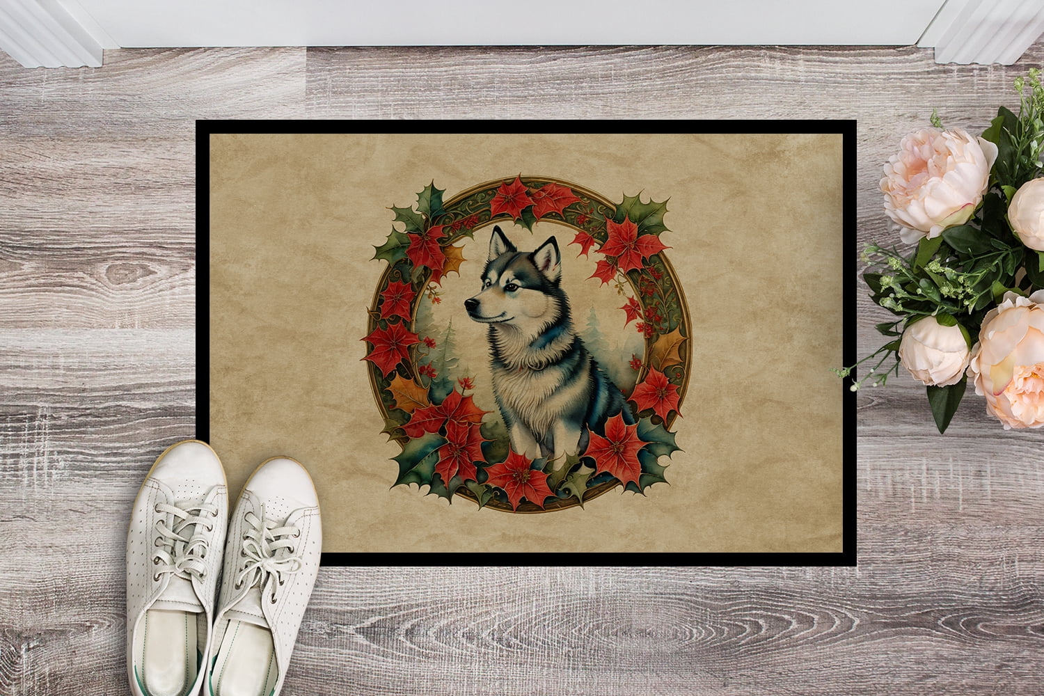 Carolines Treasures DAC2298MAT 18 x 27 in. Unisex Alaskan Klee Kai Christmas Flowers Doormat