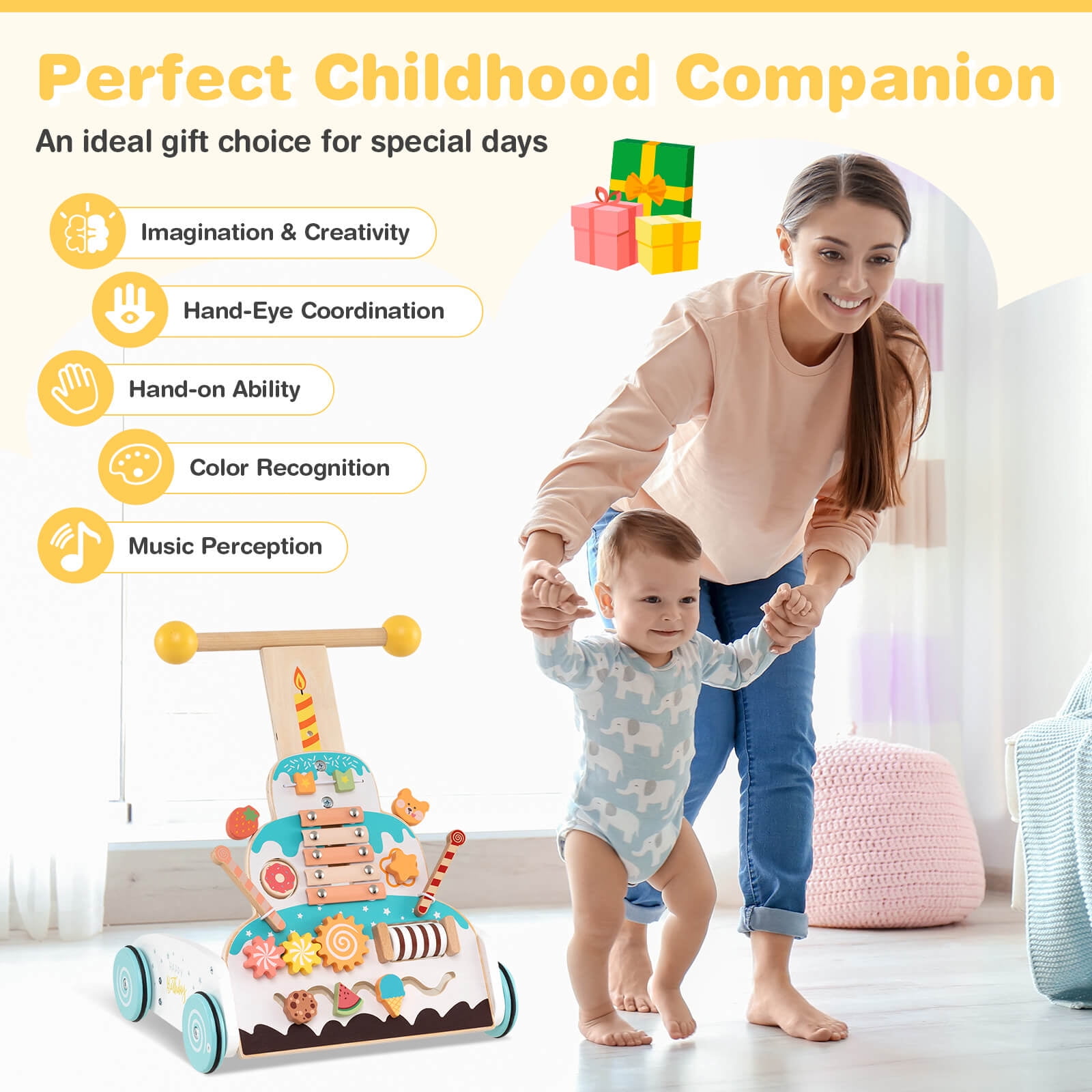 Infans Wooden Baby Walker Ice Cream Cart Toy with Sweet Accessories & Smooth Wheels