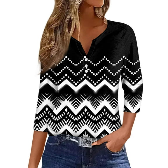 Women's Casual 3/4 Sleeve Blouse with Button Detail, Lightweight V-Neck Tunic Top for Spring and Summer, Loose Fit Shirt