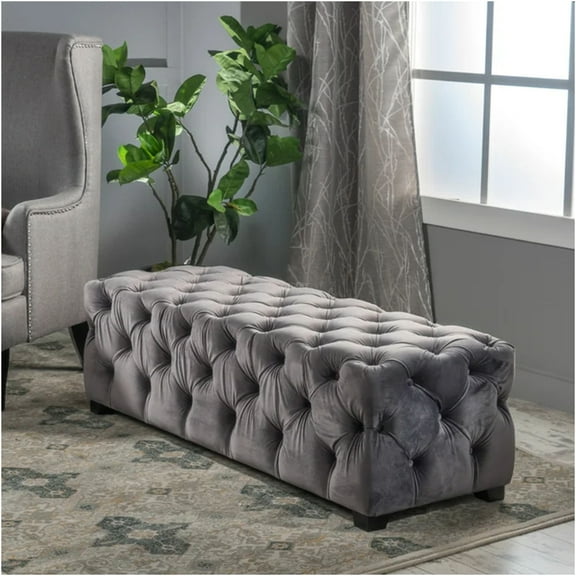 JERFIT Velvet Ottoman Bench with Button Tufting, Modern Glam Storage Footstool Pouf for Living Room, Grey