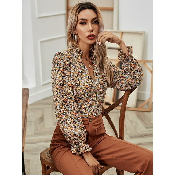 V Neck Colorful Floral Print Long Sleeve Fall Blouse for Women