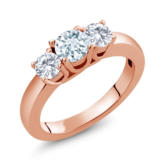 Gem Stone King 18K Rose Gold Plated Sterling Silver 3-Stone Ring Set with Round Sky Blue Aquamarine and Moissanite (0.96 Cttw, Size 9)