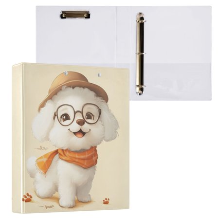 Happy White Bichon Frise 3 Ring Hardcover Binders 1.5in Round Rings for Letter-Size Folder Paper Organizer Pockets for Office Student Recipe