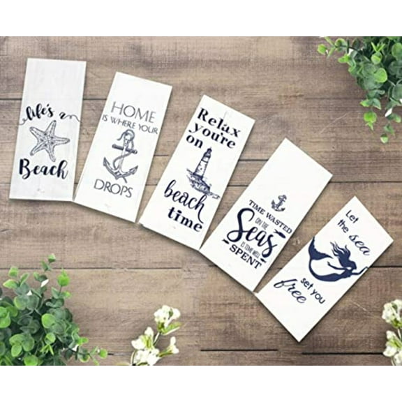Set of 5, 100% Cotton Nautical Coastal Design Funny Cute Saying Flour Sack Kitchen Towels / Dish Towels for Wedding, Baby Shower, Home Decor, Housewarming, Other Occasions Size: 16 X 28 Inch.