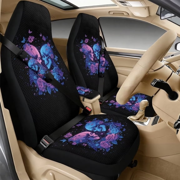 Xixirimido Automotive Seat Covers for Cars Trucks and SUVs Car Seat Covers for Front Seats with Car Seatbelt Covers & Armrest Box Cover, Set of 5, Colored Skulls Roses