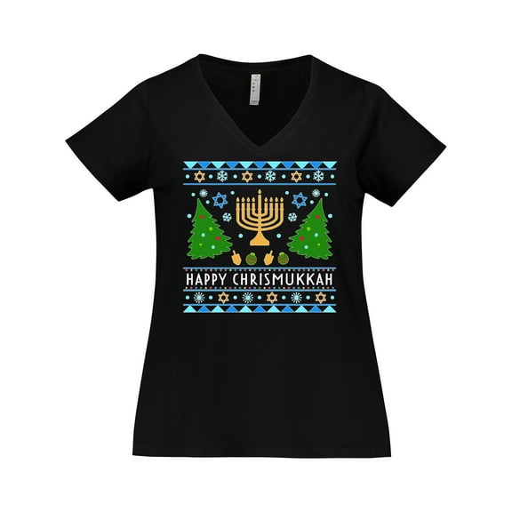 Inktastic Happy Chrismukkah Sweater Style with Menorah and Trees Women's Plus Size V-Neck T-Shirt