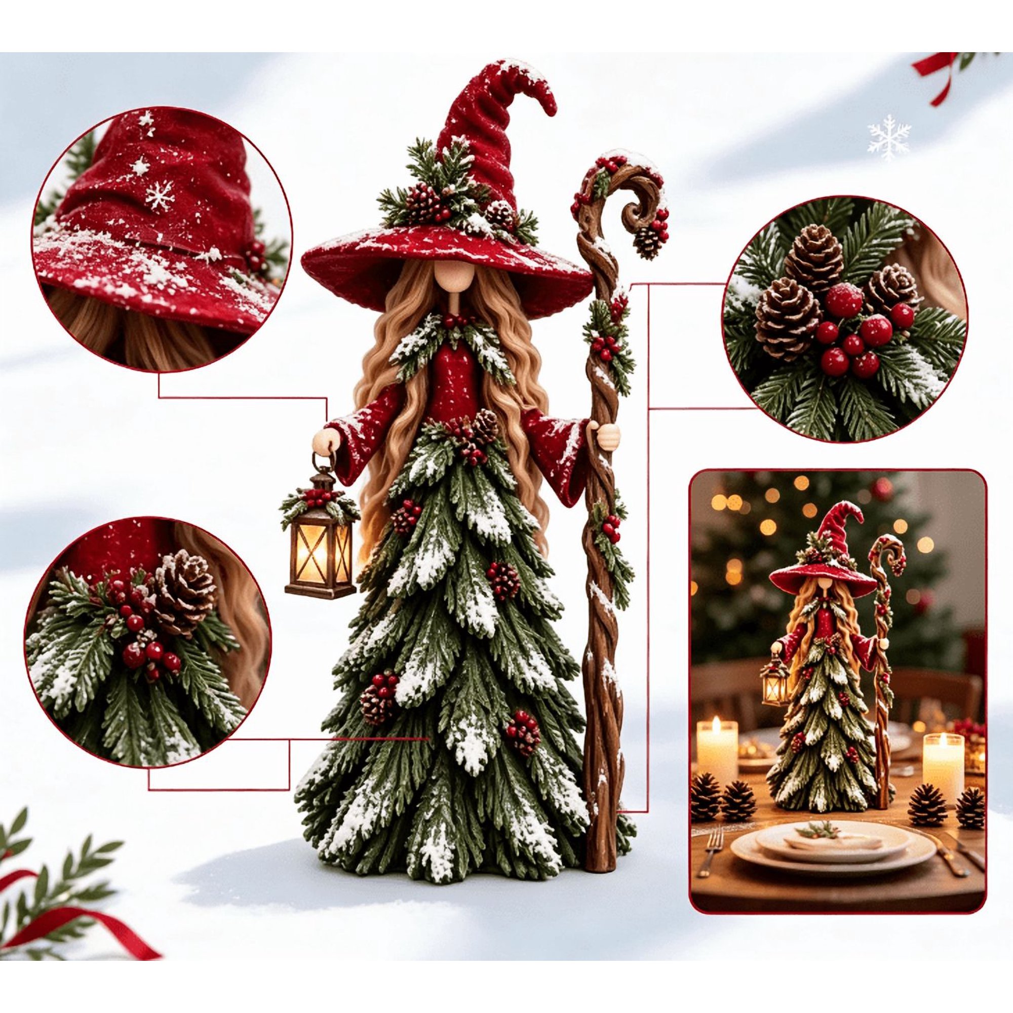 Winter Forest Witch Resin Tabletop Statue Whimsical Christmas Guardian Figurine with Red Pointed Hat LED Light Lantern and Pine Berry Accents Mantel Indoor Holiday Decoration & Gift