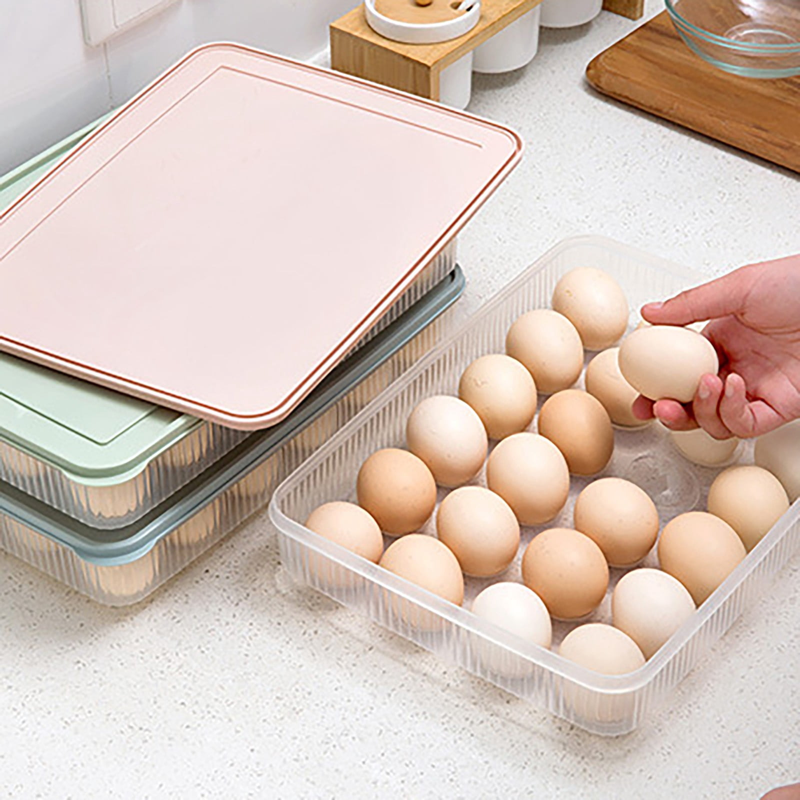 CSSJKYJ 1PC Egg Containers With Lid Portable Storage Egg Holder Stackable Plastic Egg Tray for Kitchen Fridge Keep Fresh 11.81x9.06x2.24 Inch,Beige