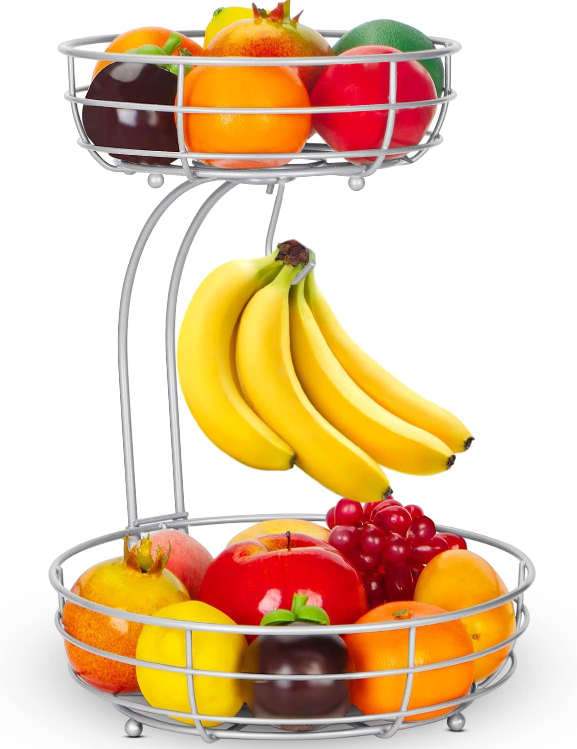Iron 2-Tier Countertop Fruit Basket. Storage with Banana Hanger. Black, 64 Ounces. Stylish and Practical. Organize Your Fruits and Veggies. Durable Iron Construction.