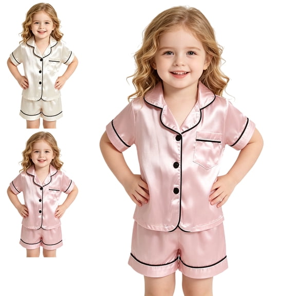 LEKWK Toddler Pajamas Short Sleeve Button Down Tops and Shorts Girls Comfy Lightweight 2 Piece Sleepwear Summer Fashion Casual Lounge Homewear