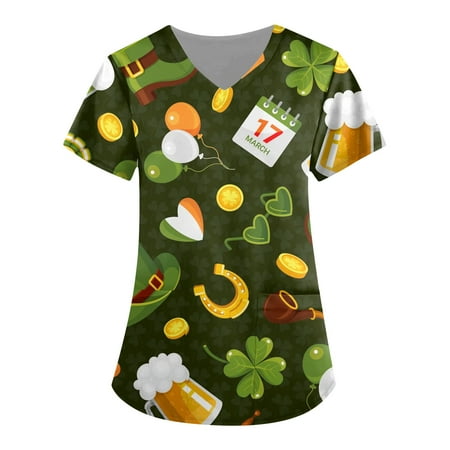 

Alrise Multicolor Summer Plus Size Scrubs Top for Women Fashion Print Short Sleeve T-Shirt V-Neck Pockets Workwear Blouse 3X-Large