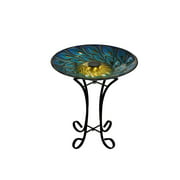 SOLAR GLASS PEACOCK FEATHERS BIRD BATH WITH STAND