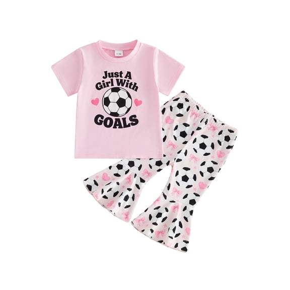 BemeyourBBs Kid Toddler Baby Girls Football Outfit Infant Baby Girl Summer Clothes Cute Letters Print Short Sleeve T-shirt with Soccer Bell Bottom Flare Pants Set Toddler Girls Summer Outfit
