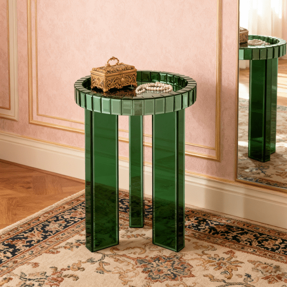 SHYFOY Green Mirrored End Table, 23" Round Glass Side Table with 3-Leg Base, Modern Mirrored Accent Table for Living Room, Bedroom & Entryway